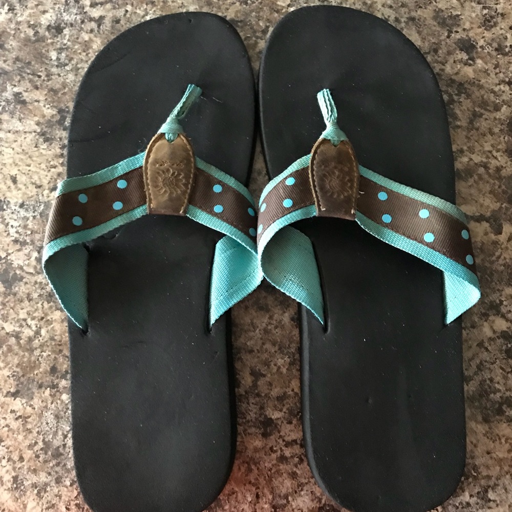 Turquoise/chocolate Yellowbox flip flops- SIZE 11